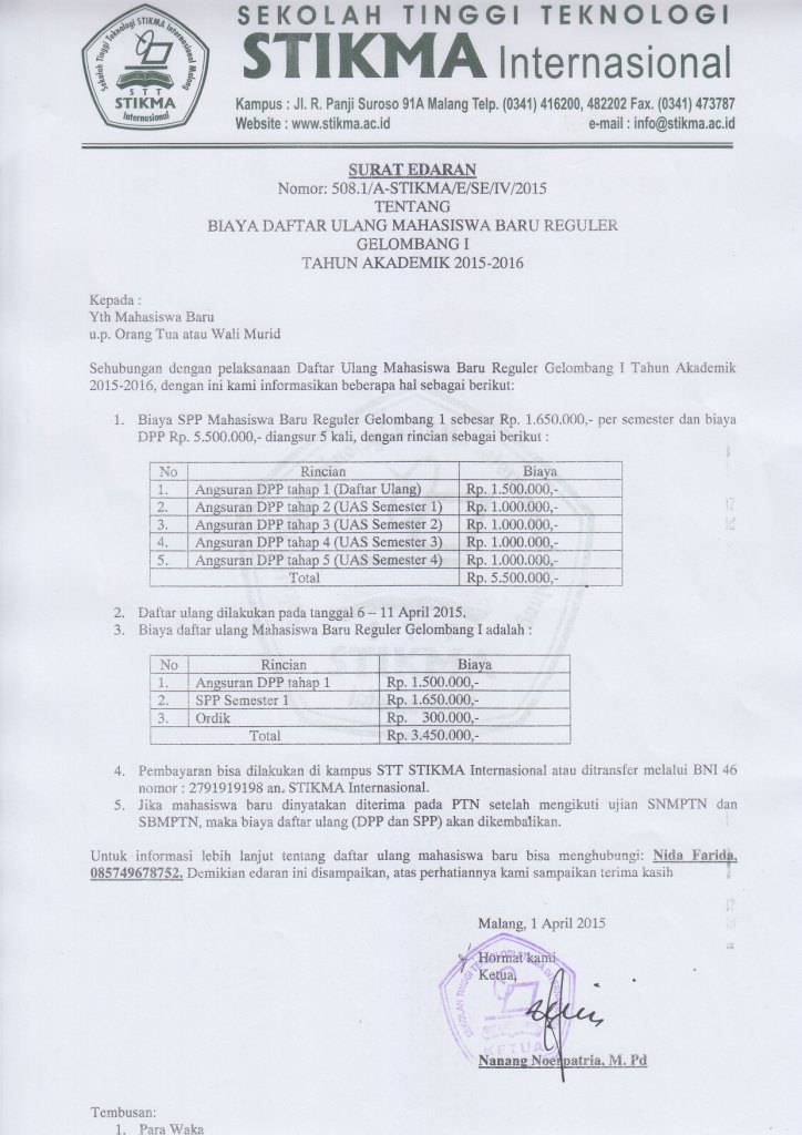 Surat Edaran Biaya Daftar Ulang Mahasiswa Baru Reguler